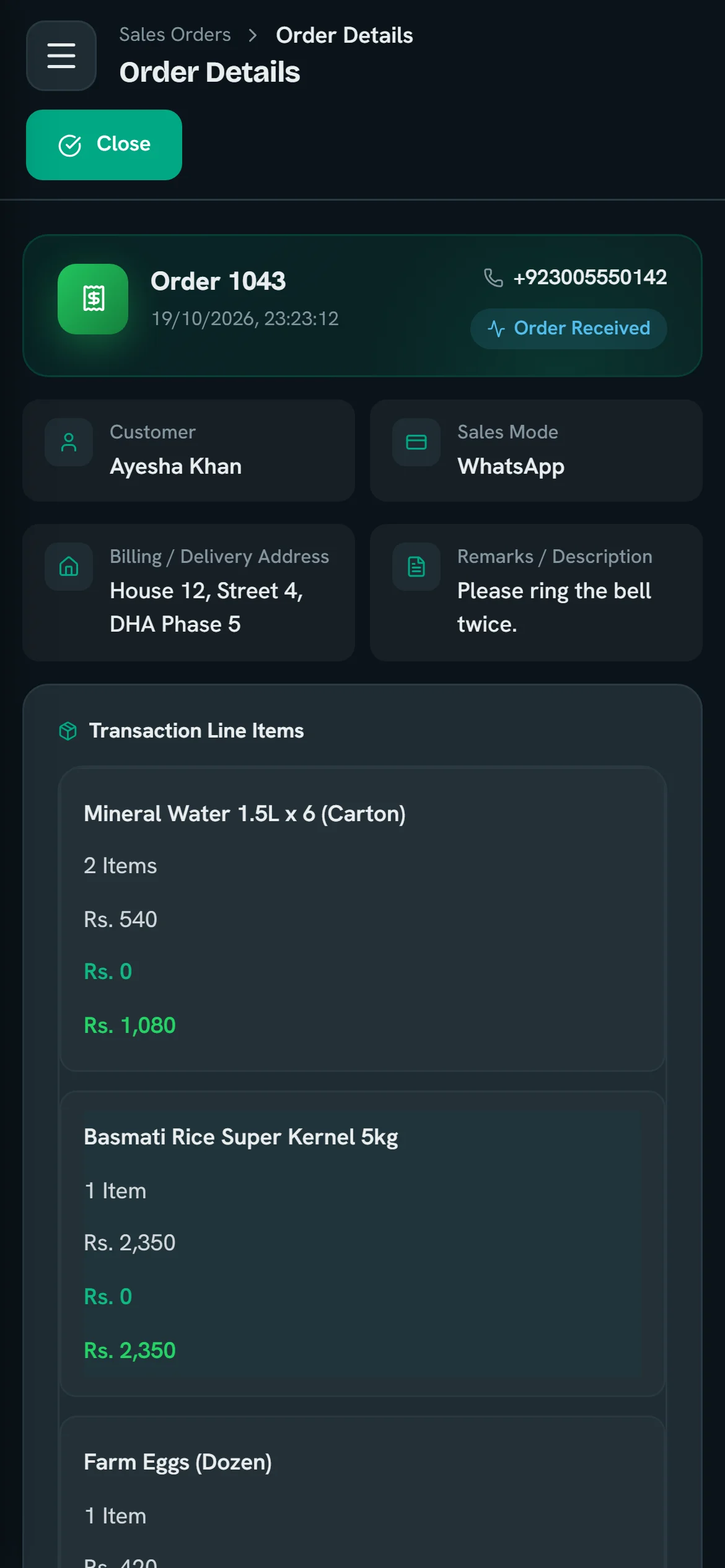 Order 1043 opened on a phone with the customer, address, note and line items.