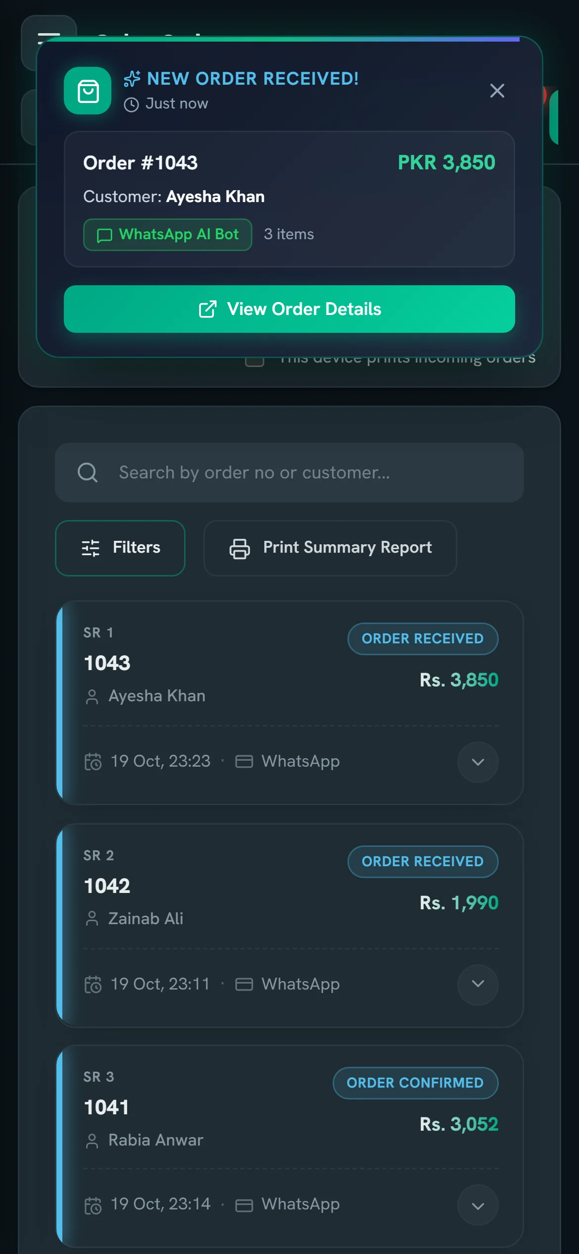 New order pop-up on a phone above the list of sales orders.